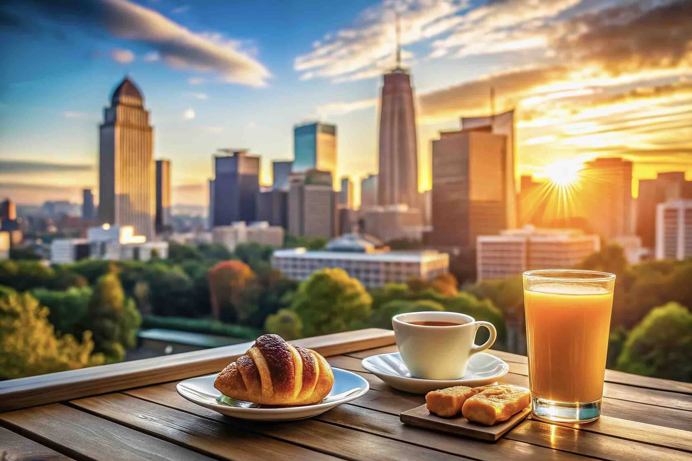 breakfast items on a table overlooking a city skyline