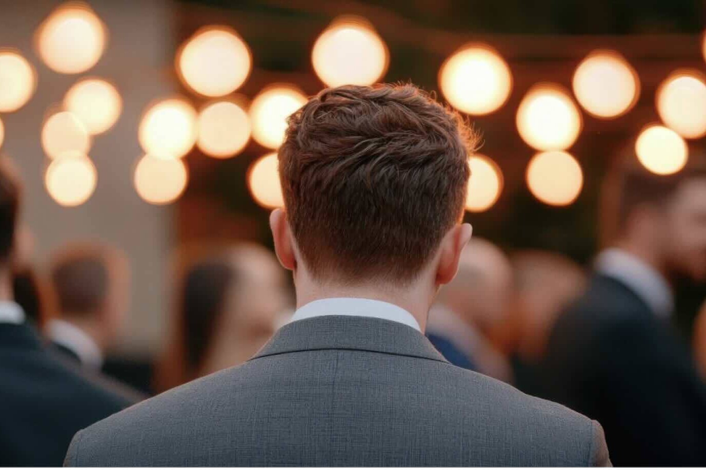 back of man's head facing a party with glowing lights and blurry people