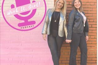 two women posing near a logo for the