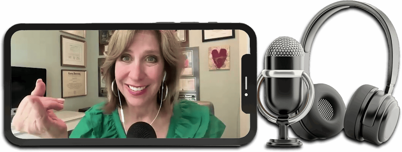 Laurie Berzack shown on a cell phone with microphone and headphones
